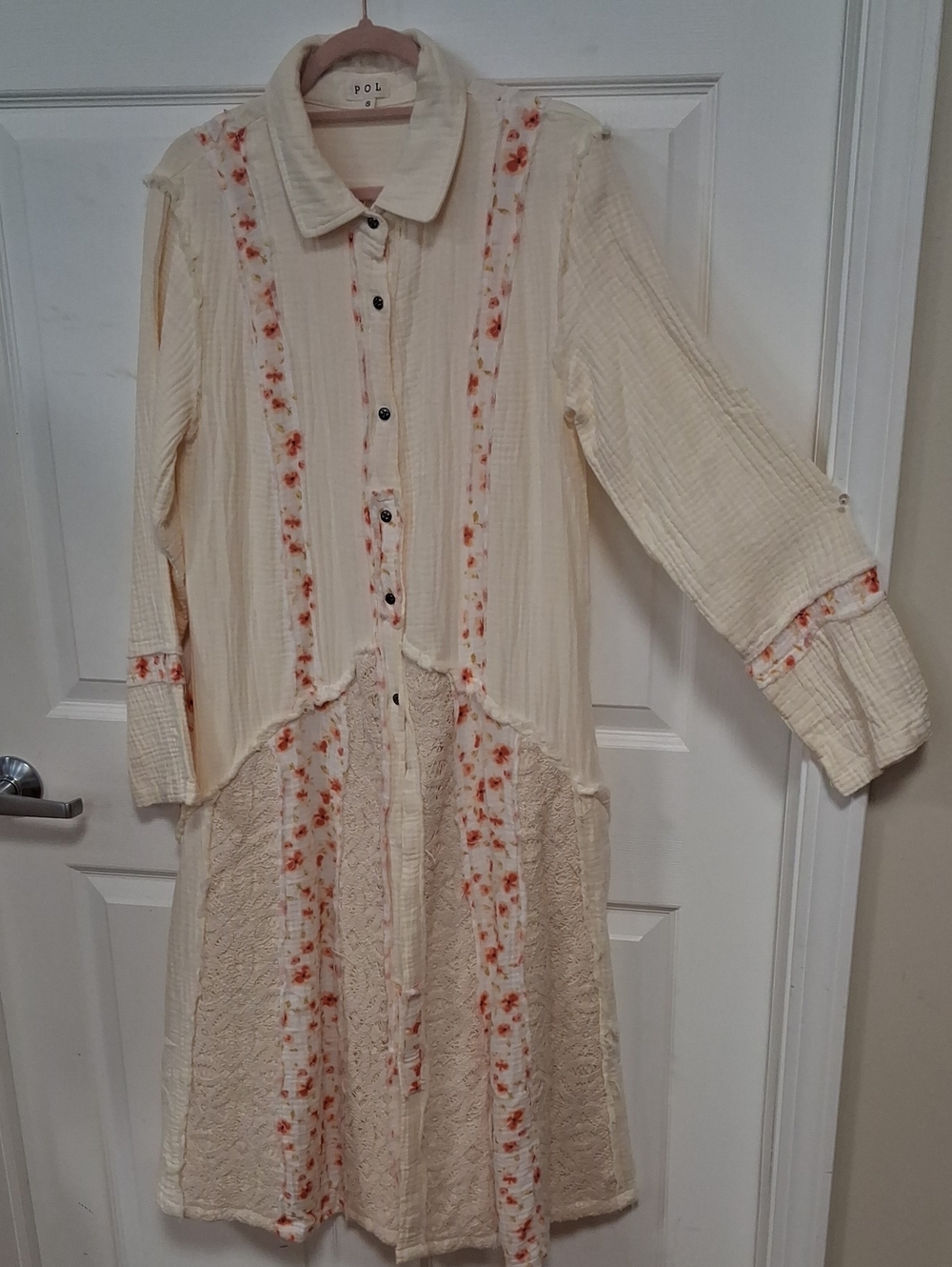 POL Half Button Jacket Duster with Orange Floral Trim and Lace Panels